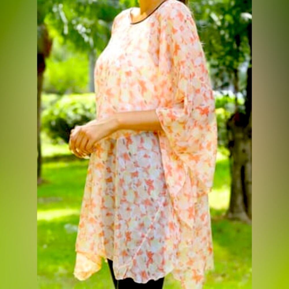 Orange Chiffon Sheer Caftan/Tunic Watercolor Floral Print